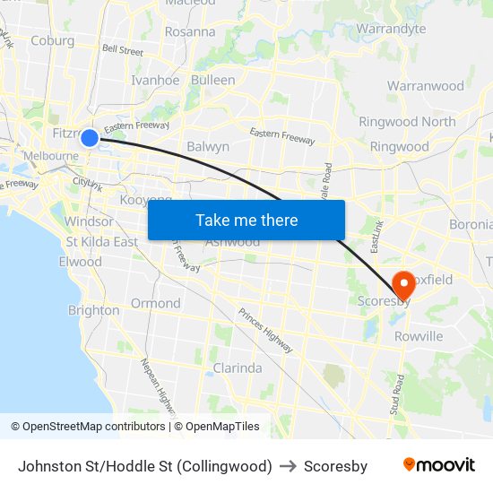 Johnston St/Hoddle St (Collingwood) to Scoresby map