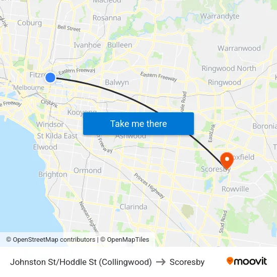 Johnston St/Hoddle St to Scoresby map
