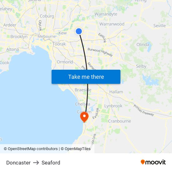 Doncaster to Seaford map