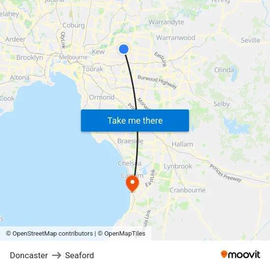 Doncaster to Seaford map