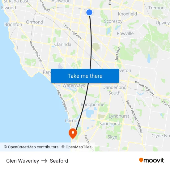 Glen Waverley to Seaford map