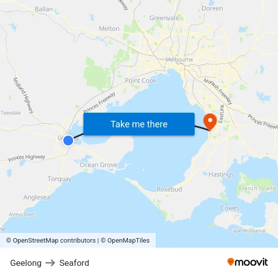 Geelong to Seaford map