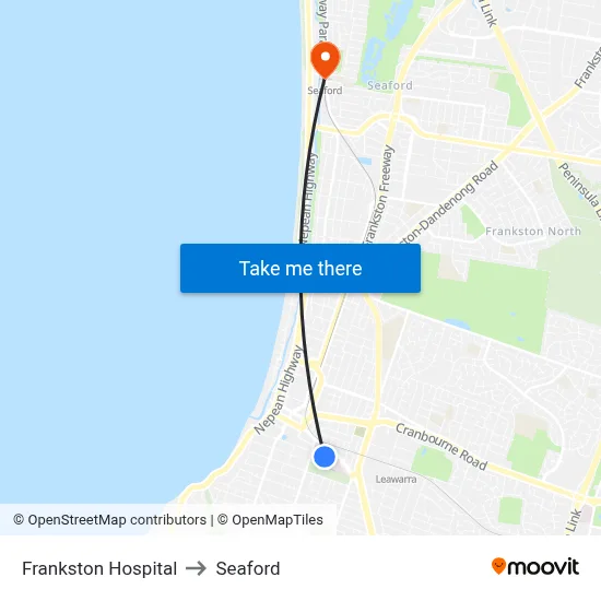 Frankston Hospital to Seaford map