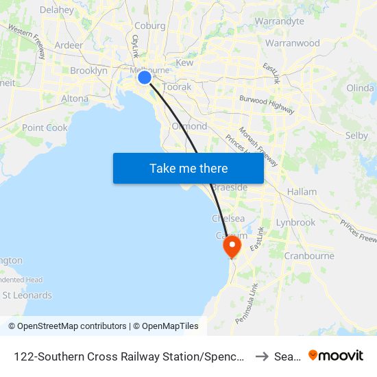 122-Southern Cross Railway Station/Spencer St (Melbourne City) to Seaford map