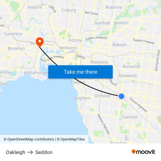 Oakleigh to Seddon map