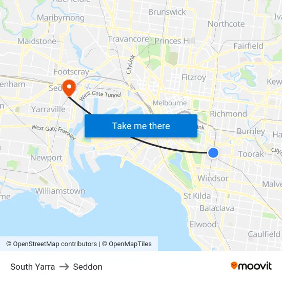 South Yarra to Seddon map