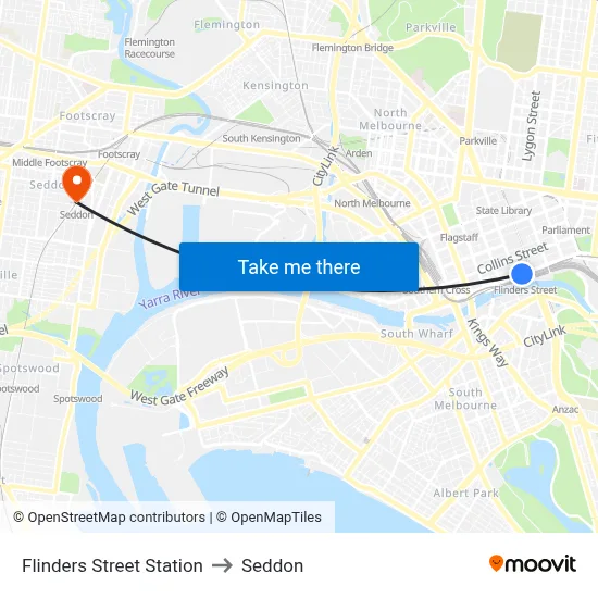 Flinders Street Station to Seddon map