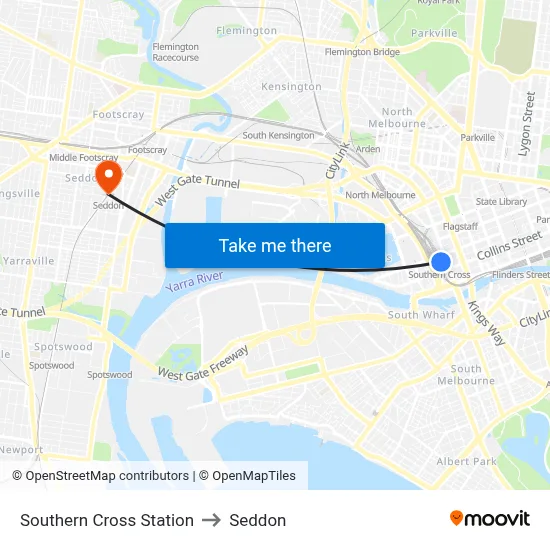 Southern Cross Station to Seddon map