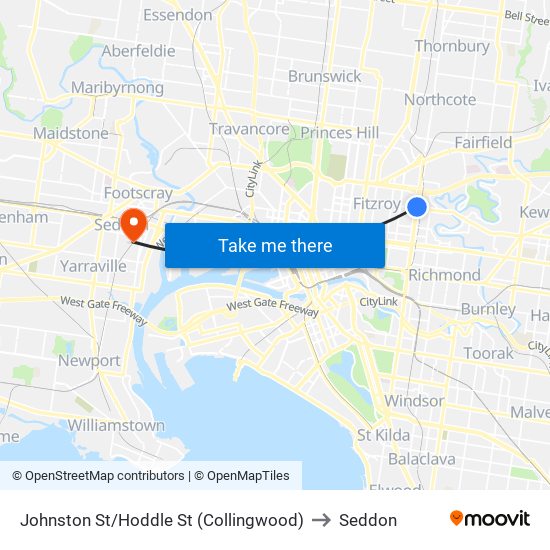 Johnston St/Hoddle St (Collingwood) to Seddon map