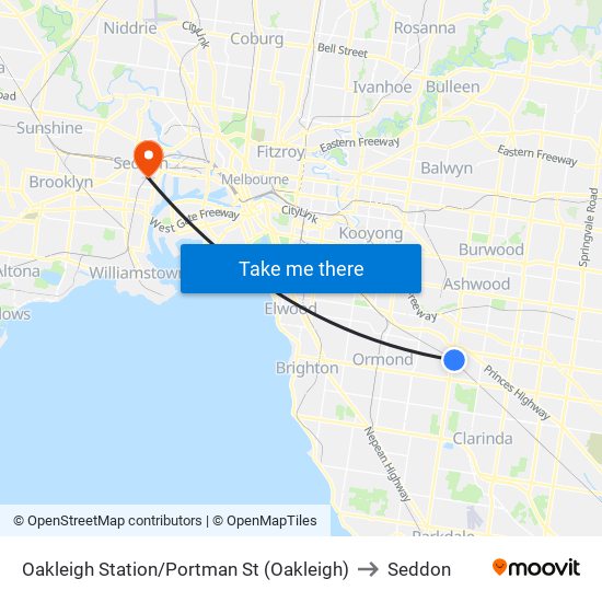 Oakleigh Station/Portman St (Oakleigh) to Seddon map