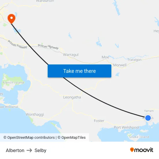 Alberton to Selby map