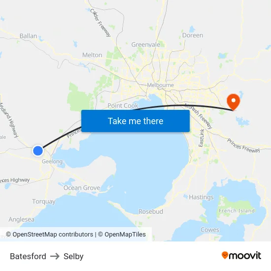 Batesford to Selby map