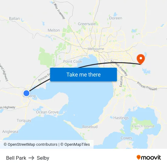Bell Park to Selby map