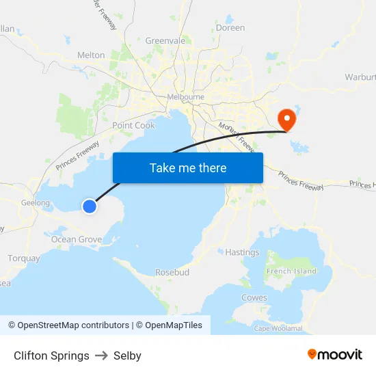 Clifton Springs to Selby map