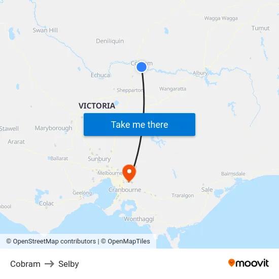 Cobram to Selby map