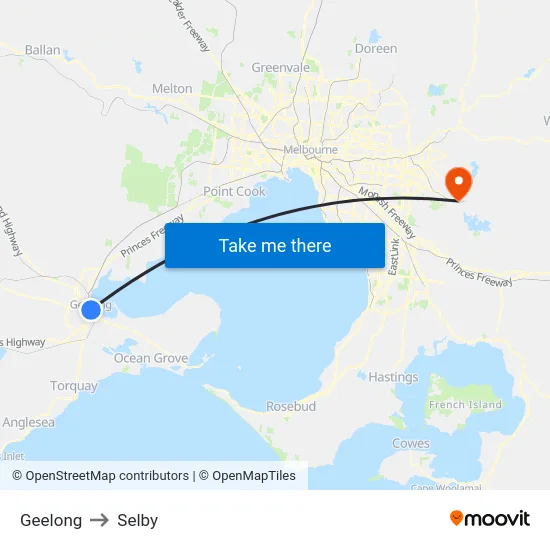 Geelong to Selby map