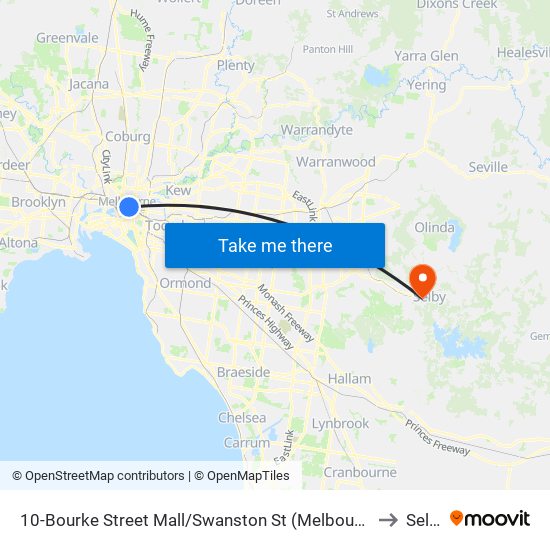 10-Bourke Street Mall/Swanston St (Melbourne City) to Selby map