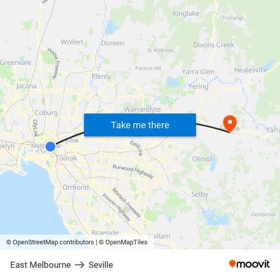 East Melbourne to Seville map