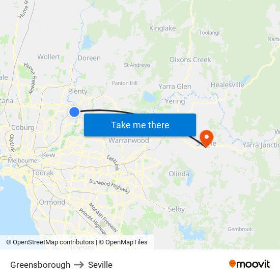 Greensborough to Seville map