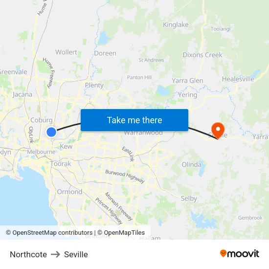 Northcote to Seville map