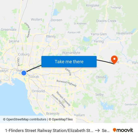 1-Flinders Street Railway Station/Elizabeth St (Melbourne City) to Seville map