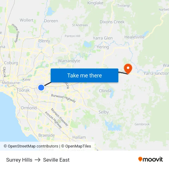 Surrey Hills to Seville East map