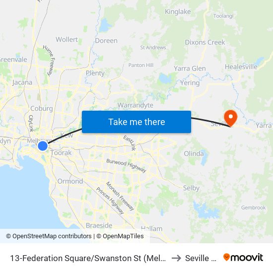 13-Federation Square/Swanston St (Melbourne City) to Seville East map