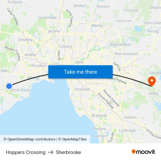 Hoppers Crossing to Sherbrooke map