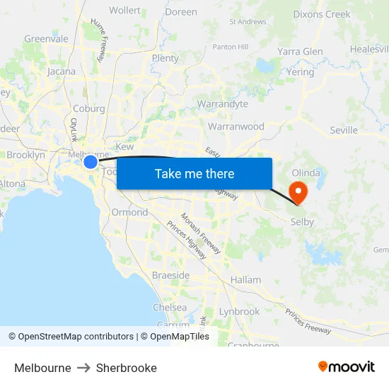 Melbourne to Sherbrooke map