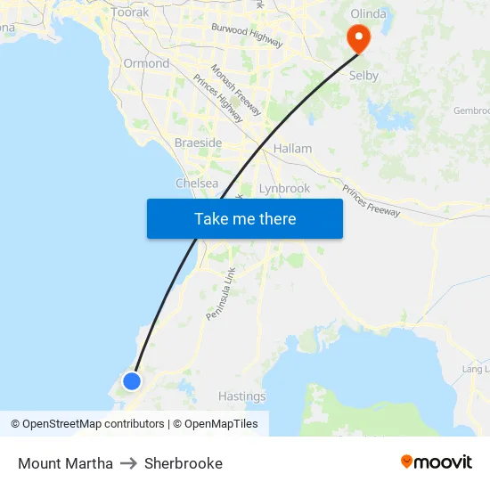 Mount Martha to Sherbrooke map