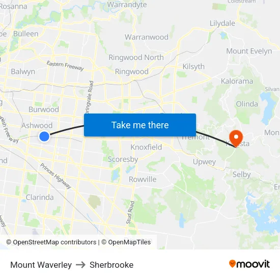 Mount Waverley to Sherbrooke map