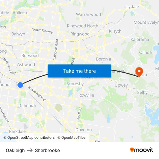 Oakleigh to Sherbrooke map