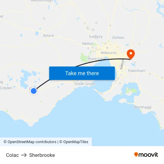 Colac to Sherbrooke map
