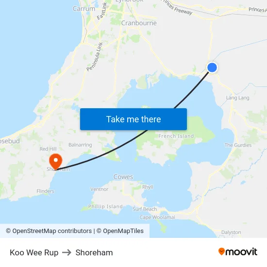 Koo Wee Rup to Shoreham map