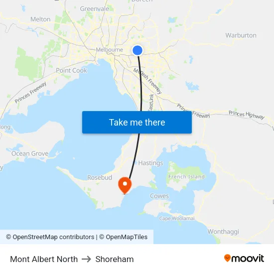 Mont Albert North to Shoreham map