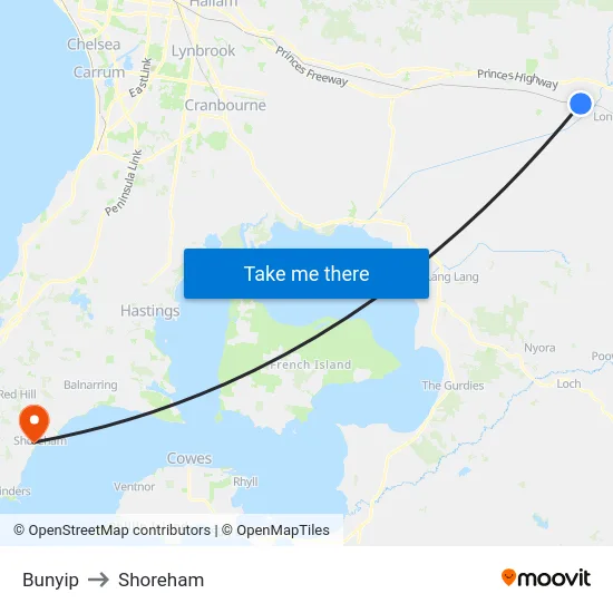 Bunyip to Shoreham map