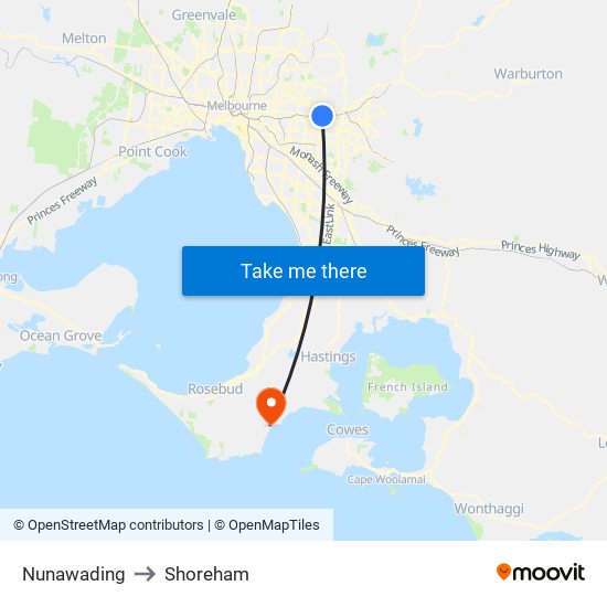 Nunawading to Shoreham map