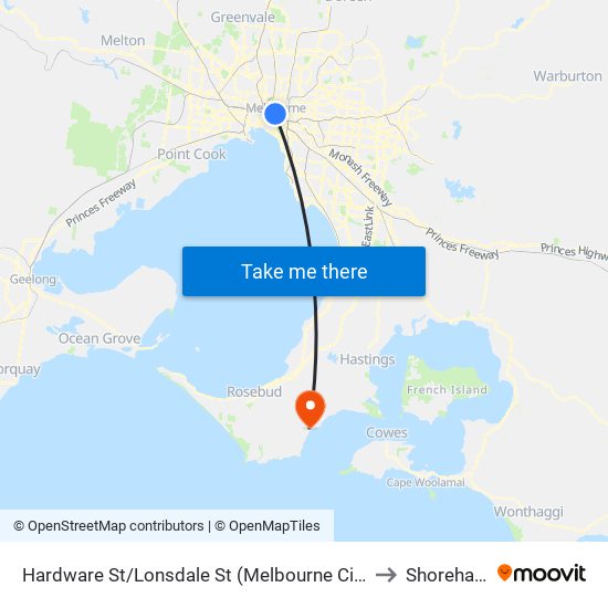 Hardware St/Lonsdale St (Melbourne City) to Shoreham map