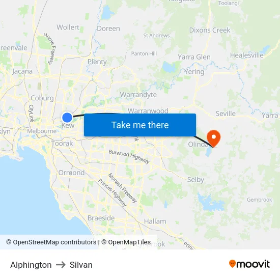 Alphington to Silvan map