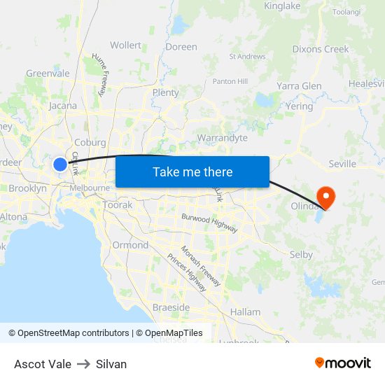 Ascot Vale to Silvan map