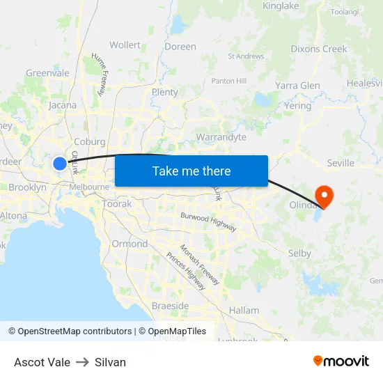 Ascot Vale to Silvan map