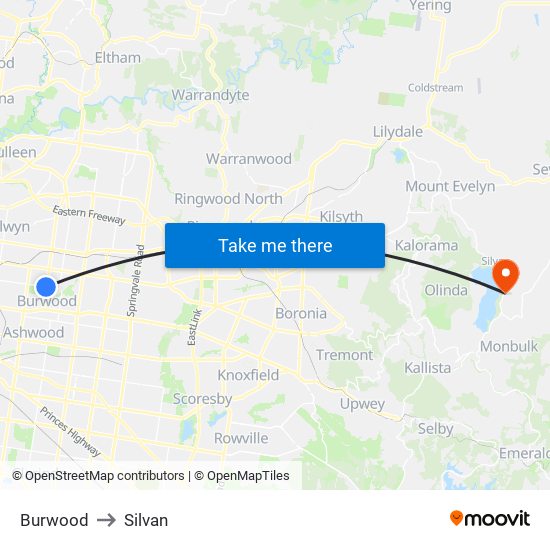 Burwood to Silvan map