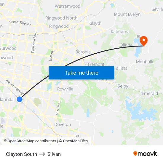 Clayton South to Silvan map