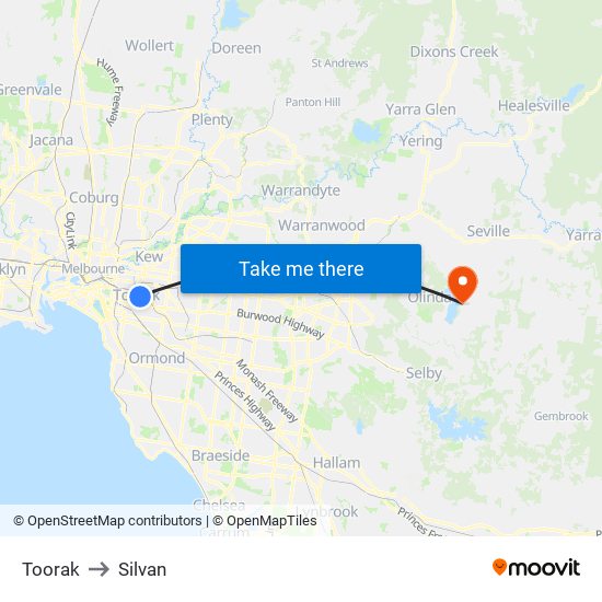 Toorak to Silvan map