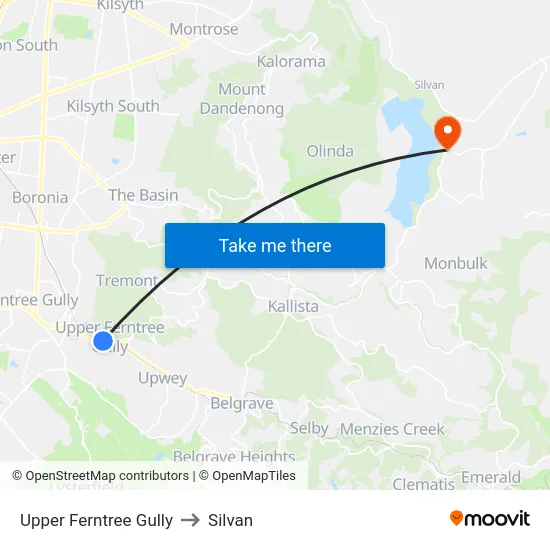 Upper Ferntree Gully to Silvan map