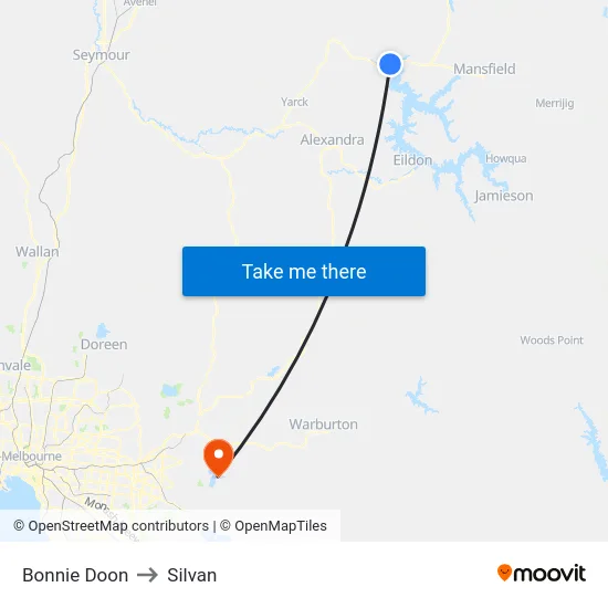 Bonnie Doon to Silvan map