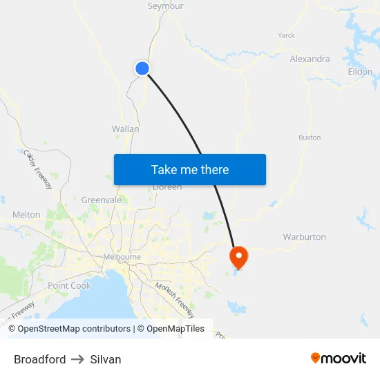Broadford to Silvan map