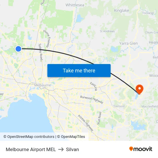 Melbourne Airport MEL to Silvan map