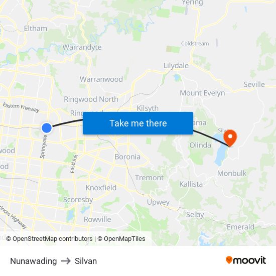 Nunawading to Silvan map