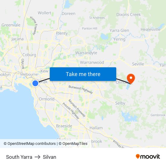 South Yarra to Silvan map